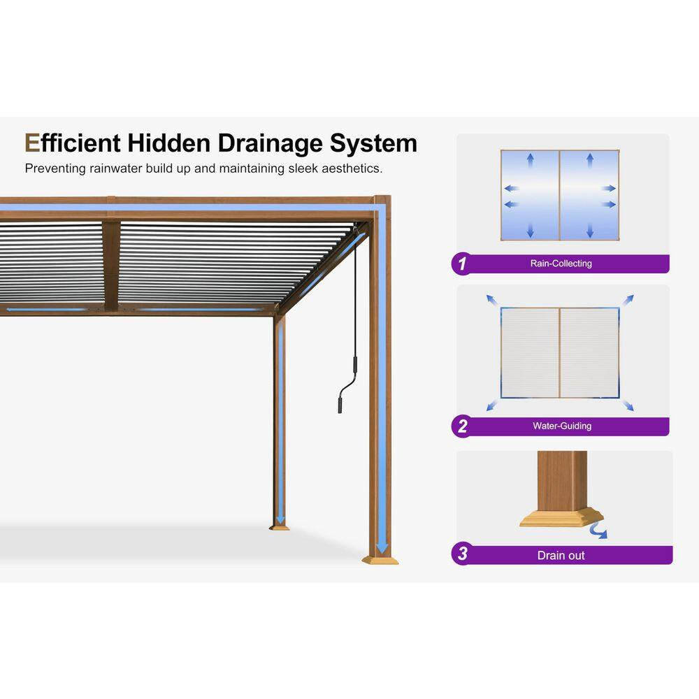 10 Ft. X 14 Ft. Deep Wood Grain Aluminum Outdoor Louvered Pergola with Individual Adjustable Roofs and In-Built Gutter