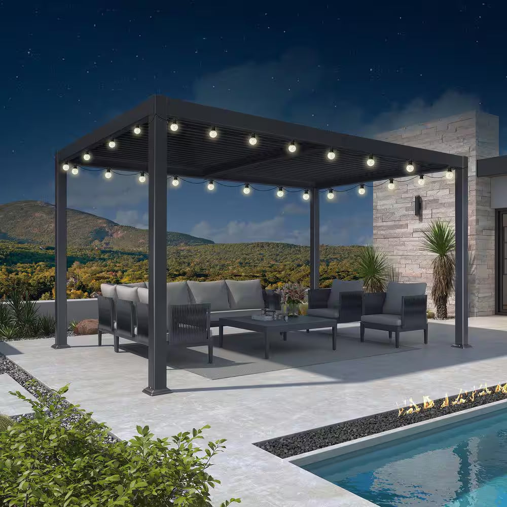 10 Ft. X 14 Ft. Gray Aluminum Patio Louvered Pergola Hardtop Gazebo with Adjustable Sunshade Roof and String Lights
