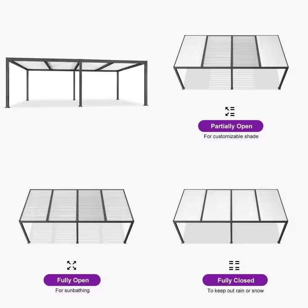 11.7 Ft. X 24.1 Ft. Gray Aluminum Outdoor Louvered Pergola with 4 White Individual Adjustable Roofs and In-Built Gutter