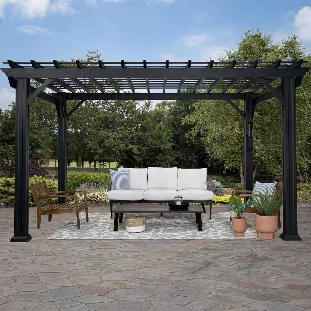 Stratford 16 Ft. X 12 Ft. Black Galvanized Steel Traditional Outdoor Patio Pergola with Trellis Roof