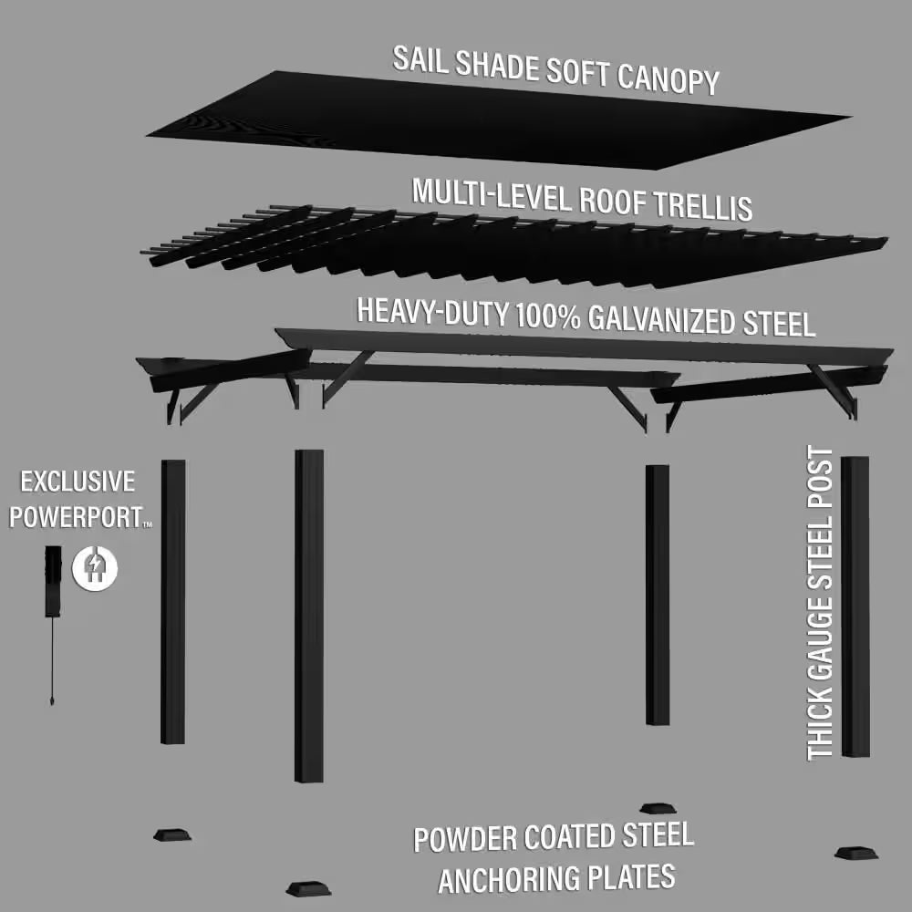 Stratford 16 Ft. X 12 Ft. Black Galvanized Steel Traditional Outdoor Patio Pergola with Trellis Roof