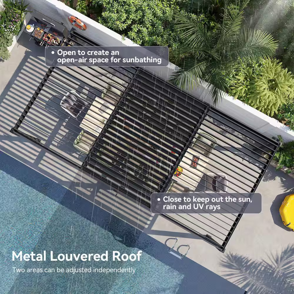 20 Ft. X 10 Ft. Black Adjustable Louvered Metal Pergolas with Hand Crank Roof