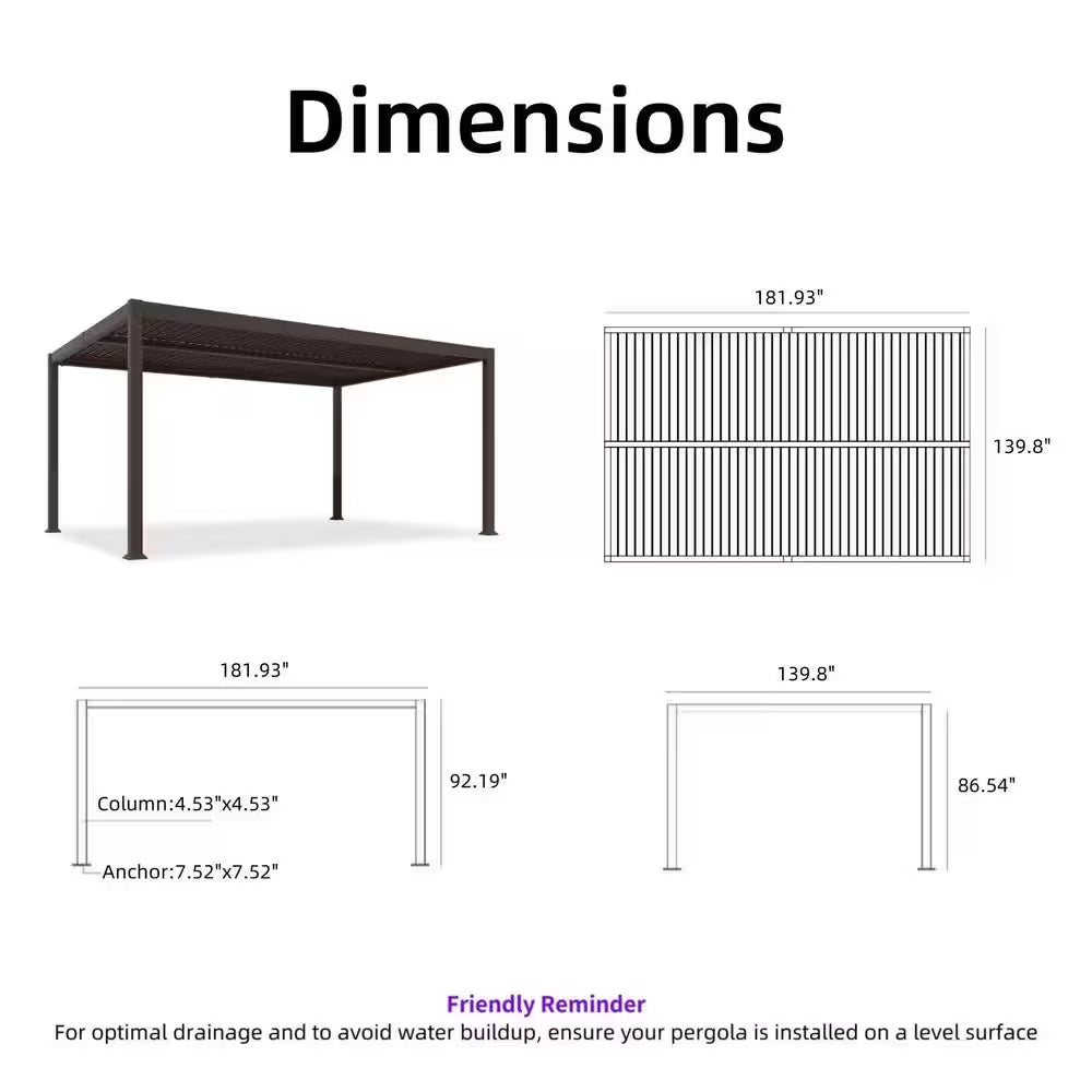 11.6 Ft. X 15.1 Ft. Bronze Aluminum Outdoor Louvered Pergola with 2-Individual Adjustable Roofs and In-Built Gutter