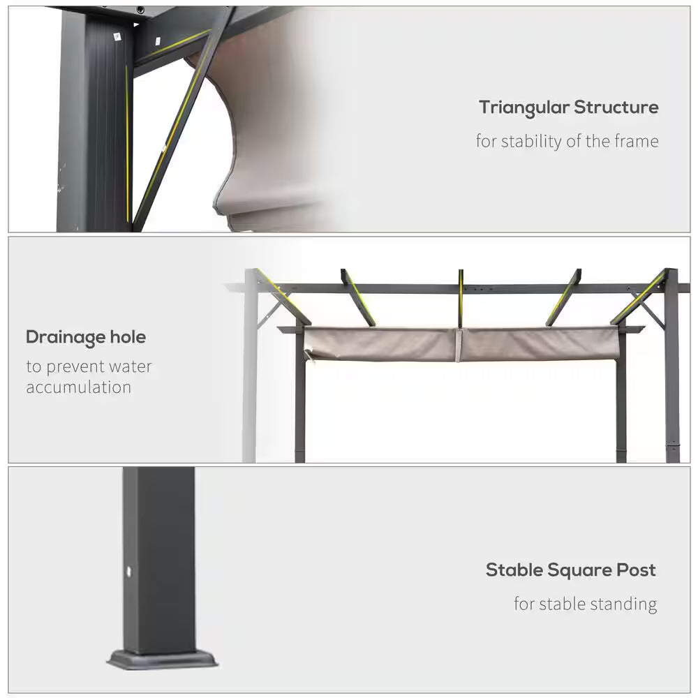 10 Ft. X 10 Ft. Aluminum Retractable Patio Gazebo Garden Pergola Charcoal Grey