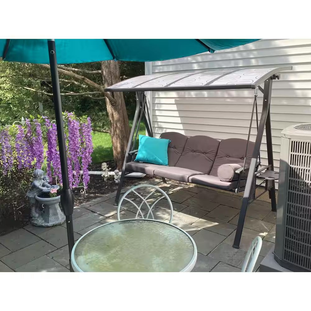 Patio 3-Seat Adjustable PVC Canopy Porch Swing with Side Cup Holder, Cushions and Pillow Included, Gray