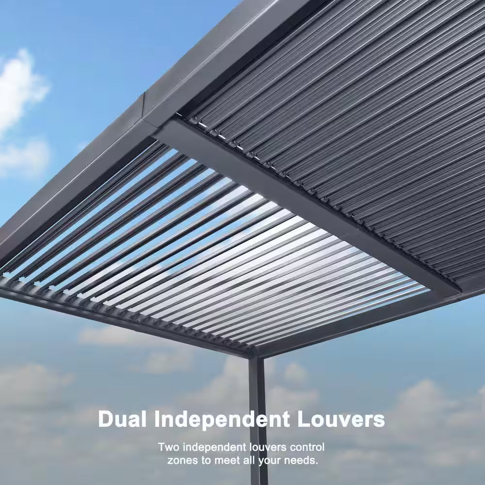 10 Ft. X 14 Ft. Gray Aluminum Patio Louvered Pergola Hardtop Gazebo with Adjustable Sunshade Roof and String Lights