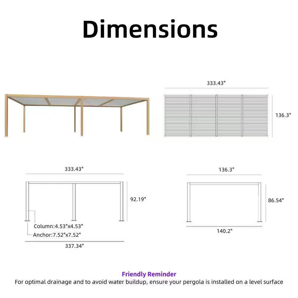 11.7 Ft. X 28.1 Ft. Wood Grain Aluminum Outdoor Louvered Pergola with 4-Individual Adjustable Roofs and In-Built Gutter
