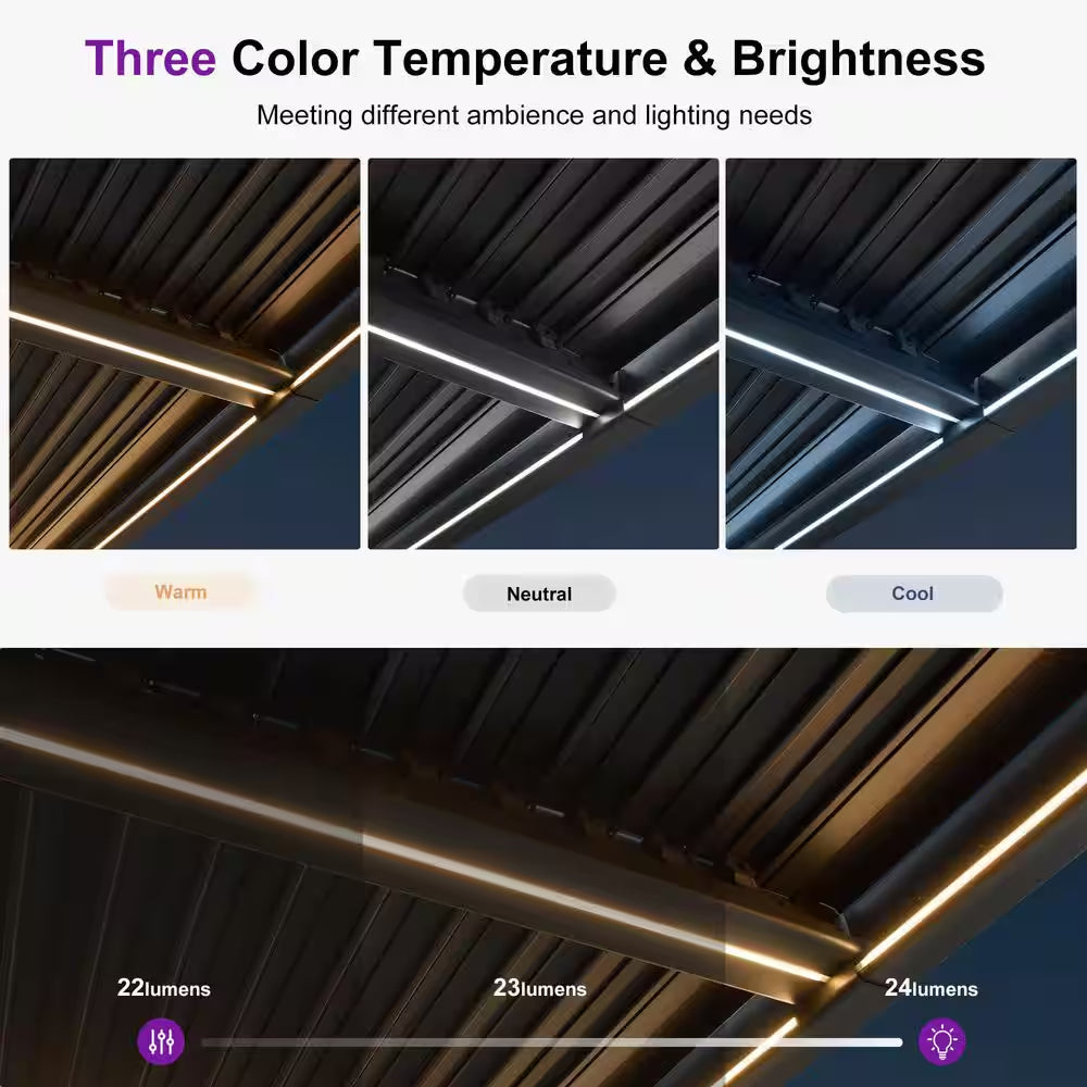 13 Ft. X 20 Ft. Gray Aluminum Outdoor Louvered Pergola with Individual Adjustable Sunshade Roofs and LED Lights