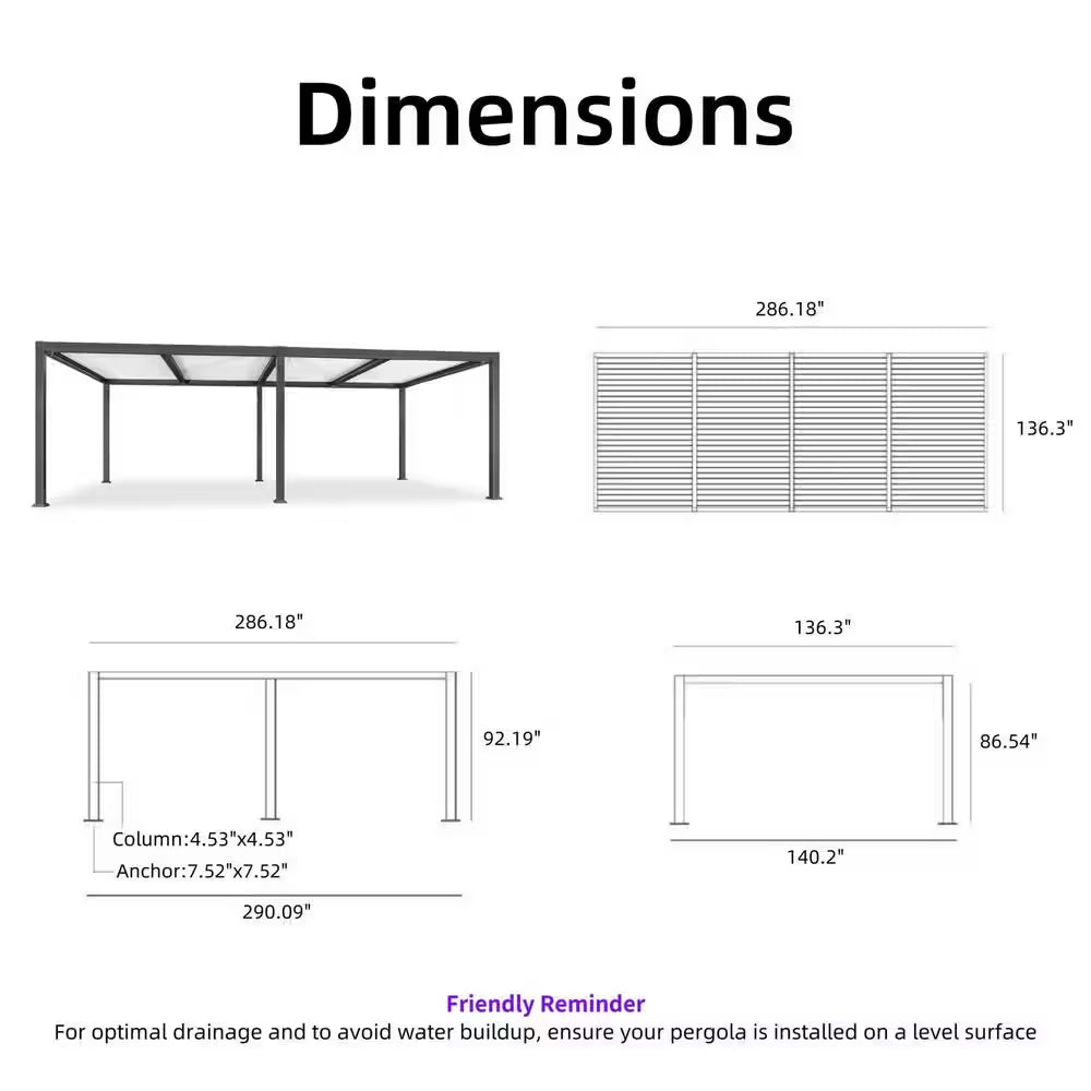 11.7 Ft. X 24.1 Ft. Gray Aluminum Outdoor Louvered Pergola with 4 White Individual Adjustable Roofs and In-Built Gutter