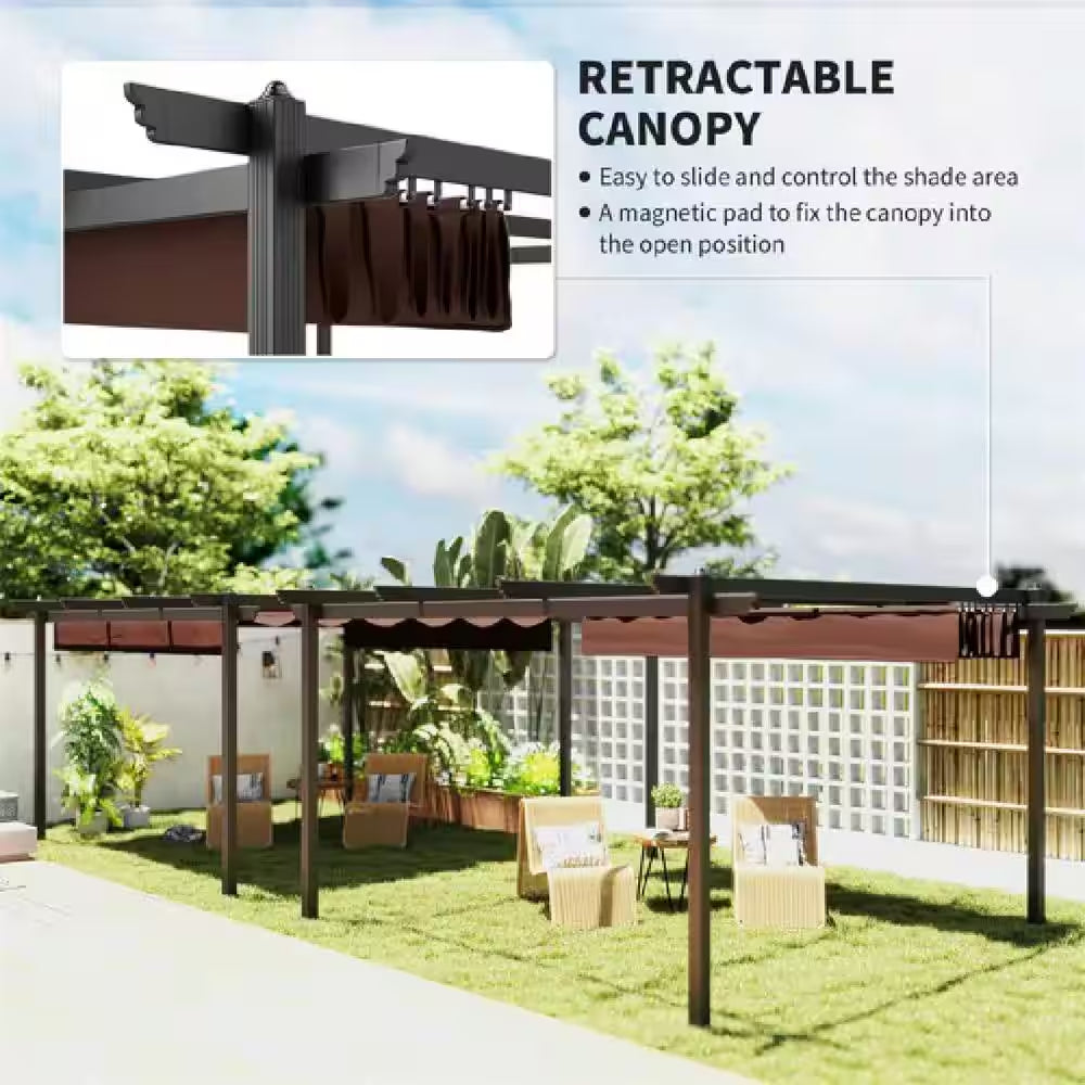 12 Ft. X 12 Ft. Brown Portable Gazebo, Retractable Pergola with Weather Resistant Canopy, Aluminum Patio Grill Gazebo