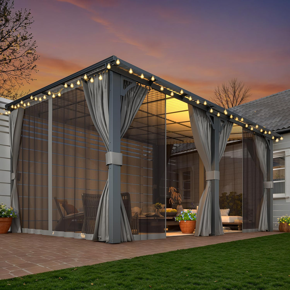 14' X 12' Gazebo Outdoor Pergola with Curtains and Netting for Patio, Large Wall-Mounted Hardtop 12X14 Lean to Metal Heavy Duty Gazebo, Pergolas and Gazebos Clearance with Patio Roof Awnings