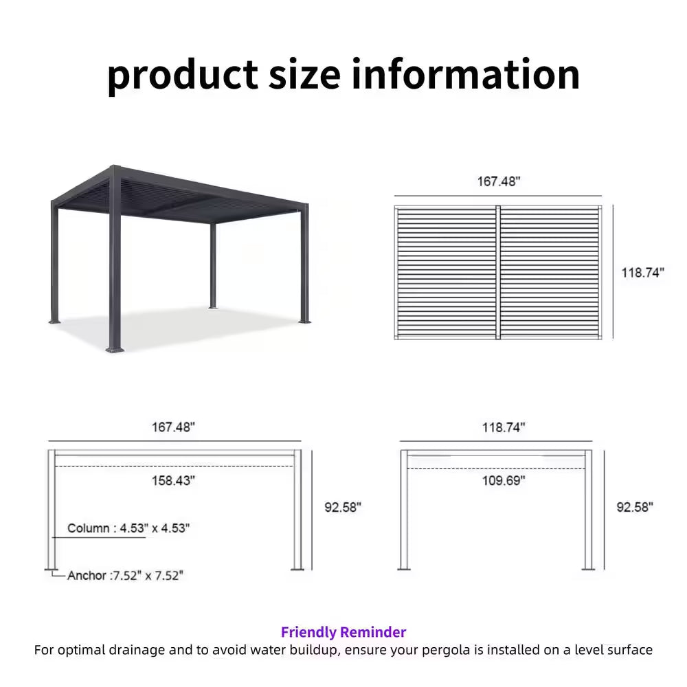 10 Ft. X 14 Ft. Gray Aluminum Patio Louvered Pergola Hardtop Gazebo with Adjustable Sunshade Roof and String Lights