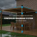 Pergola Louvered Metal Brown 9.8x9.8ft Solar LED Drainage