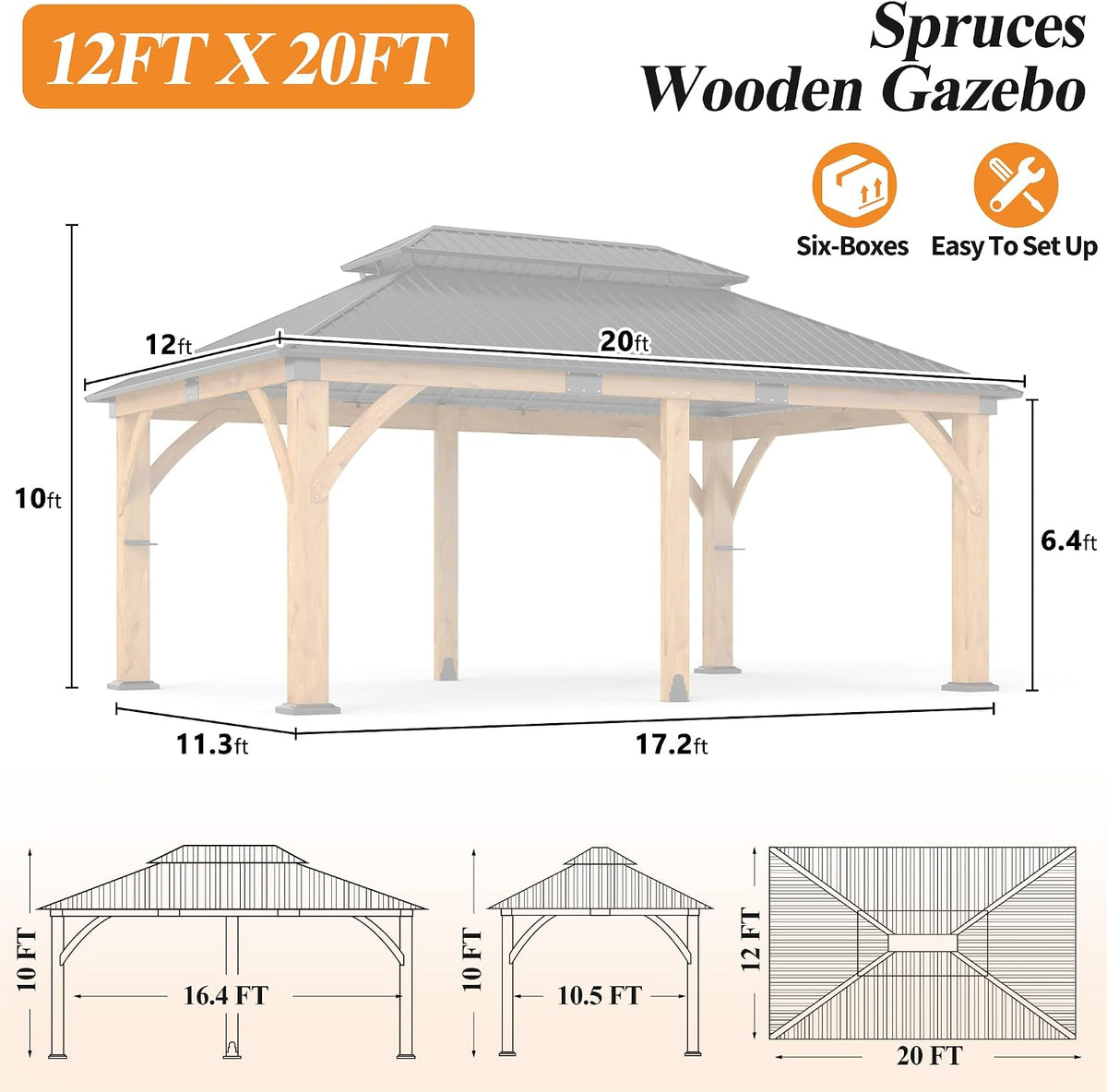 12’X 20’ Outdoor Spruce Wood Gazebo
