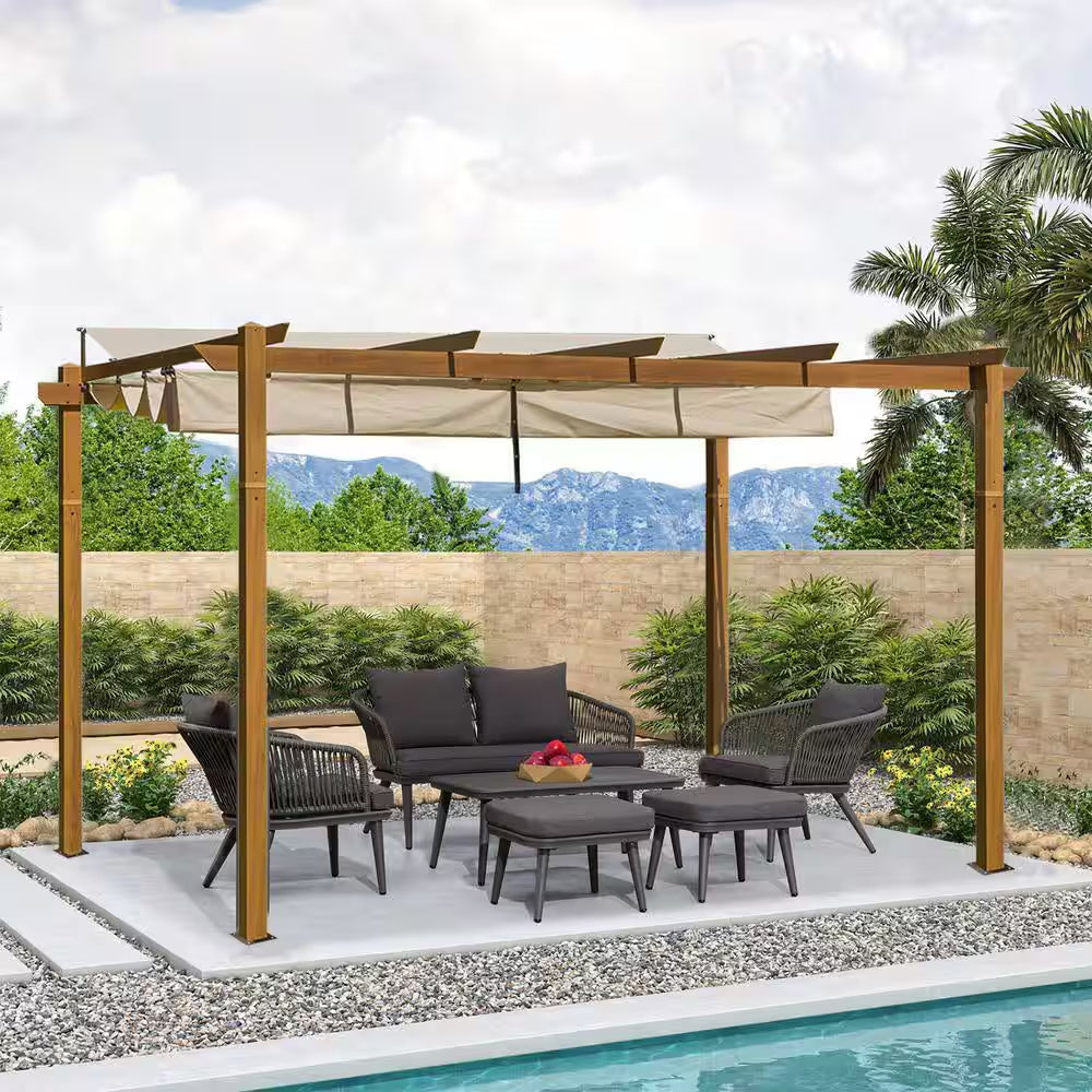 13 Ft. X 9 Ft. Outdoor Wood-Looking Aluminum Pergola with Beige Retractable Shade Canopy for Patiogarden Backyard