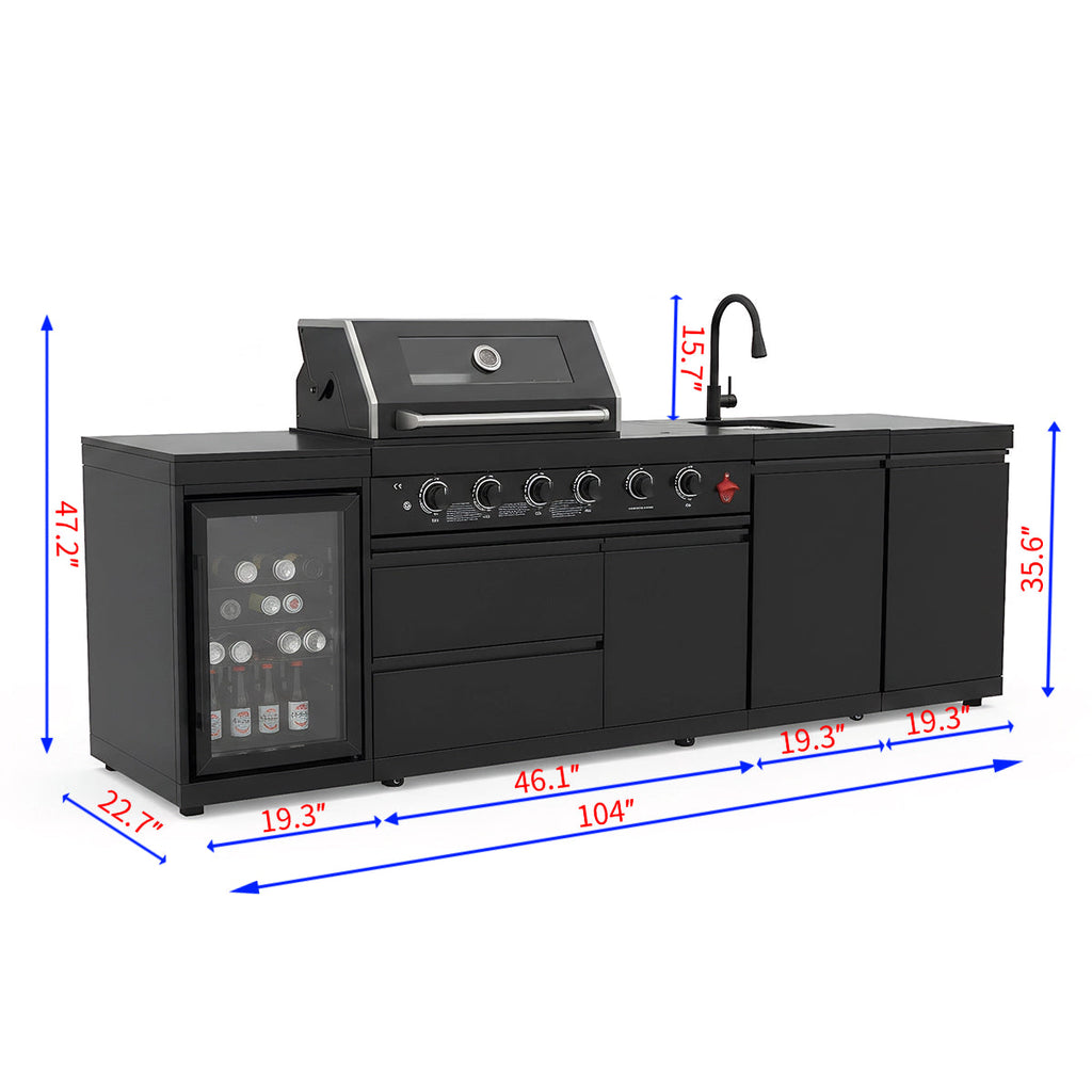 4-Burner Deluxe Stainless Steel Outdoor Kitchen Barbecue Island Grill with Marble Countertops – Black
