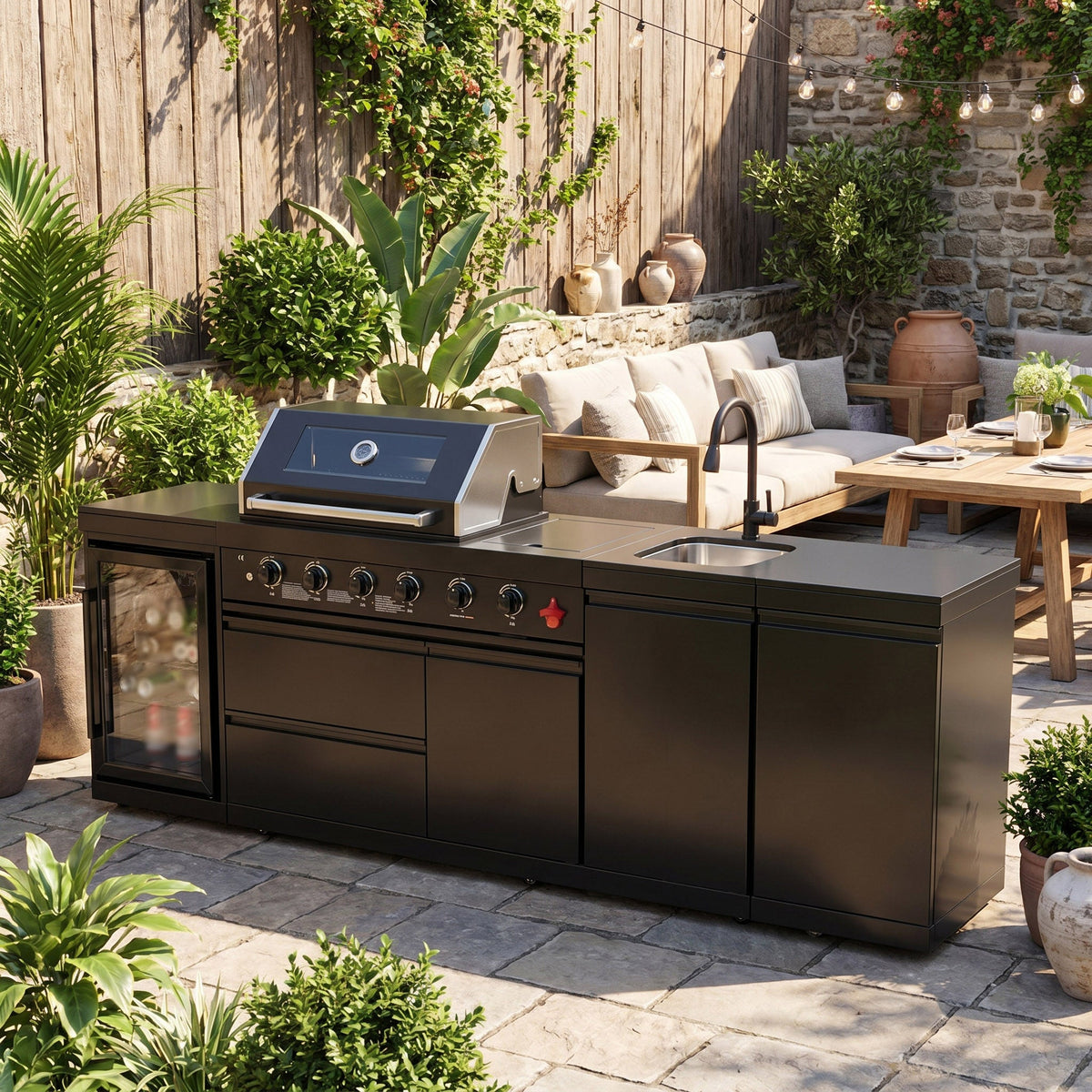 4-Burner Deluxe Stainless Steel Outdoor Kitchen Barbecue Island Grill with Marble Countertops – Black