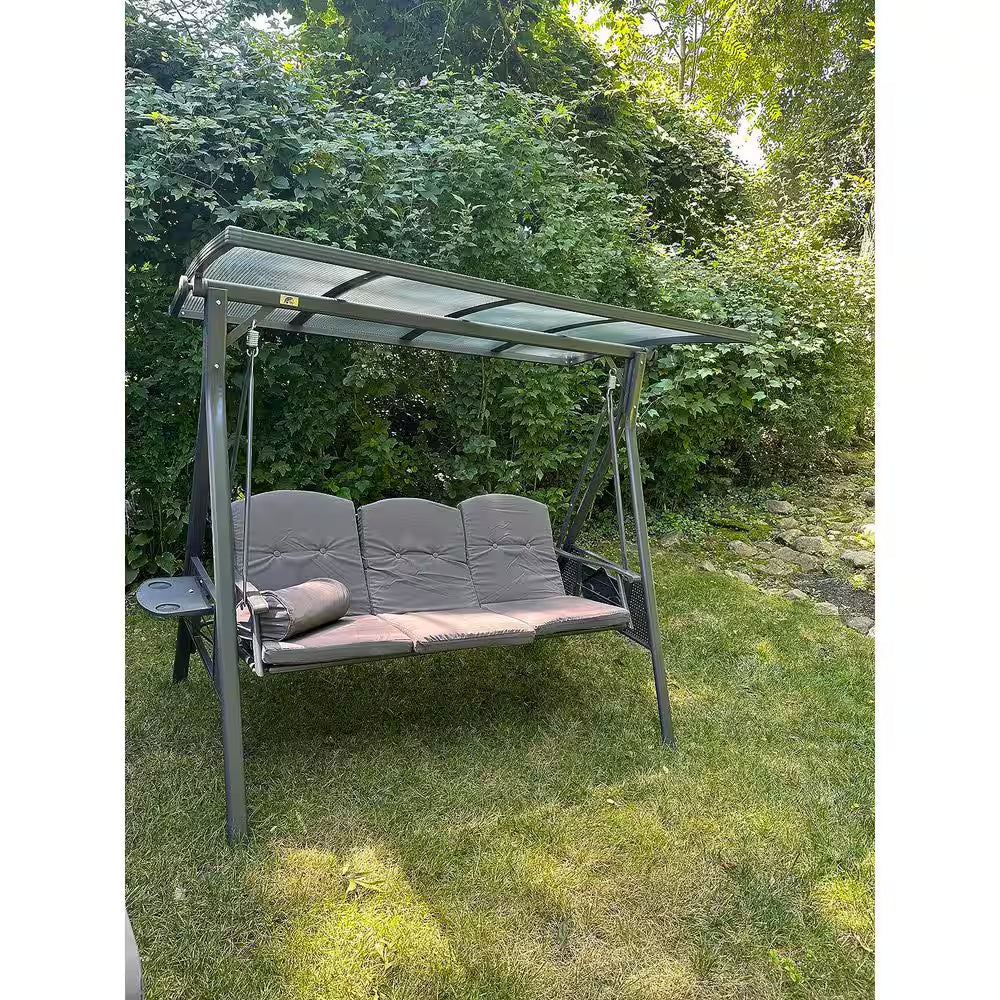 Patio 3-Seat Adjustable PVC Canopy Porch Swing with Side Cup Holder, Cushions and Pillow Included, Gray