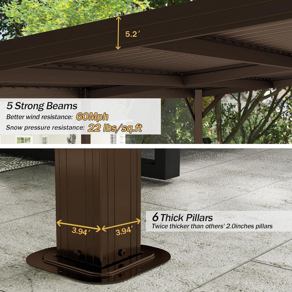 12 X16 Hardtop Lean to Gazebo with Gutters, Connectable Wall Mounted Gazebo Pergola with Galvanized Steel Roof, 60MPH Wind Resistance, Outdoor Large Metal Canopy, for Patio, Deck, Lawn - Brown