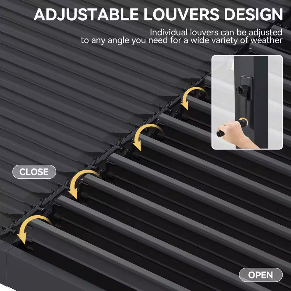 20 Ft. X 10 Ft. Black Adjustable Louvered Metal Pergolas with Hand Crank Roof