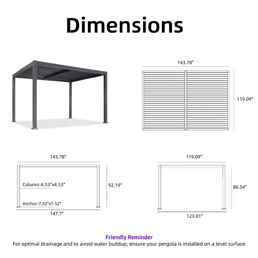 10.2 Ft. X 12.3 Ft. Gray Aluminum Outdoor Louvered Pergola with 2-Individual Adjustable Roofs and In-Built Gutter System