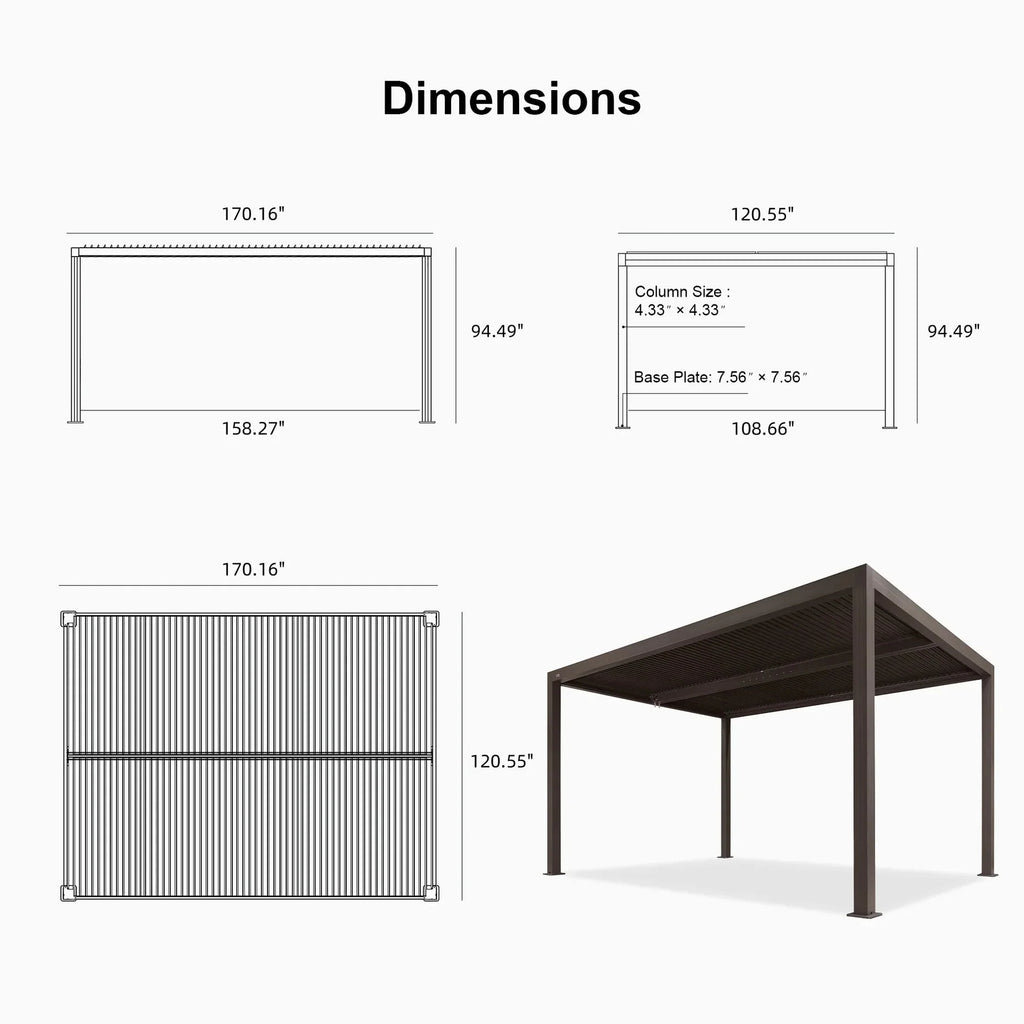 Bronze Louvered Pergola with Adjustable Roof for Deck Backyard Garden Hardtop Gazebo