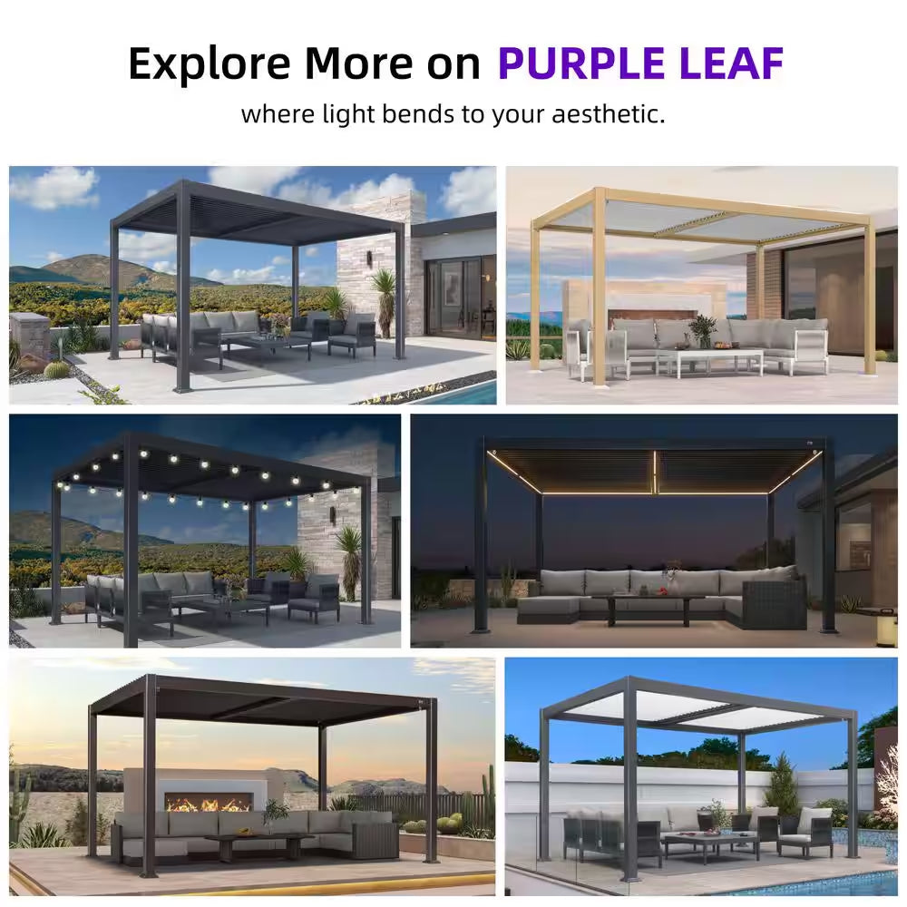 10 Ft. X 14 Ft. Gray Aluminum Patio Louvered Pergola Hardtop Gazebo with Adjustable Sunshade Roof and String Lights
