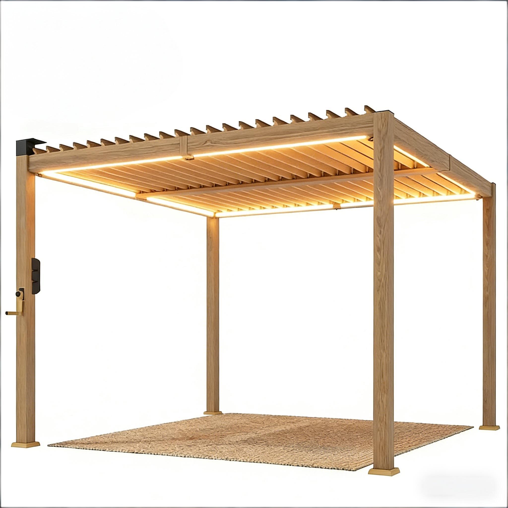 Pergola Louvered Metal Brown 9.8x9.8ft Solar LED Drainage