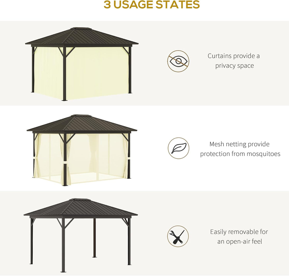10' X 12' Hardtop Gazebo with Curtains and Netting Cream White