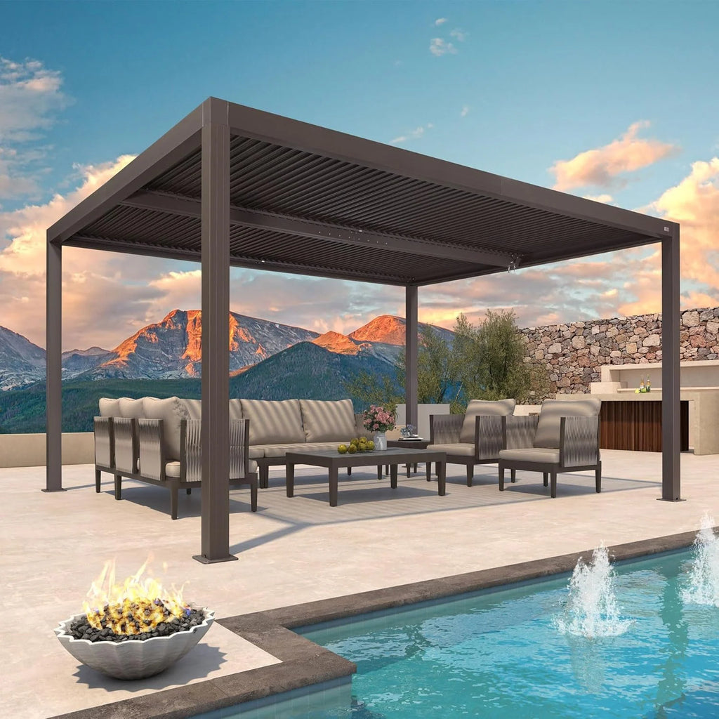 Bronze Louvered Pergola with Adjustable Roof for Deck Backyard Garden Hardtop Gazebo