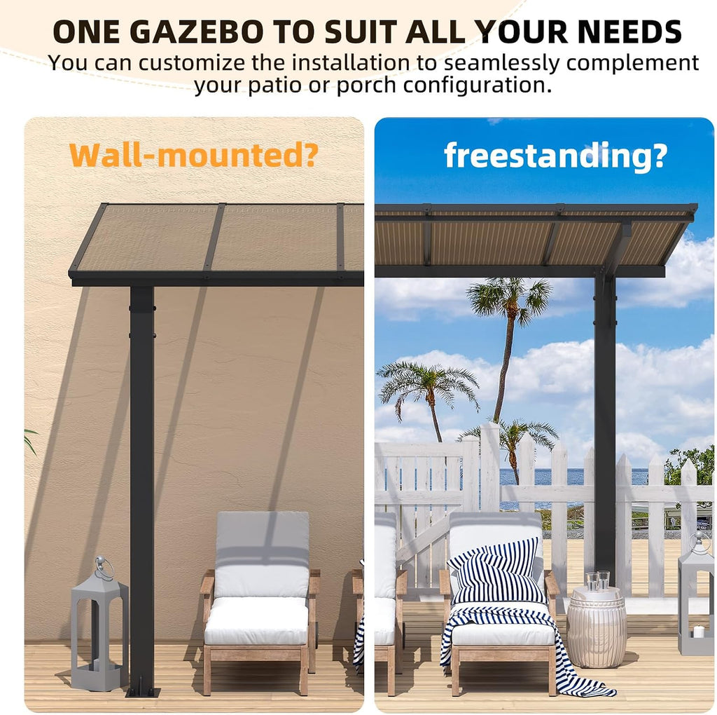 10' X 10' Outdoor Lean to Gazebo for Patio, Freestanding Pergola Carport Hard Top Pergolas and Gazebos Clearance with Roof, Wall-Mounted Heavy Duty Metal Awnings for Patio, Decks