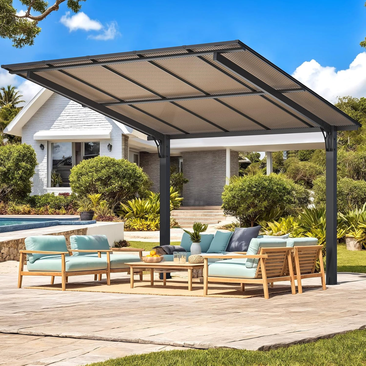 10' X 10' Outdoor Lean to Gazebo for Patio, Freestanding Pergola Carport Hard Top Pergolas and Gazebos Clearance with Roof, Wall-Mounted Heavy Duty Metal Awnings for Patio, Decks