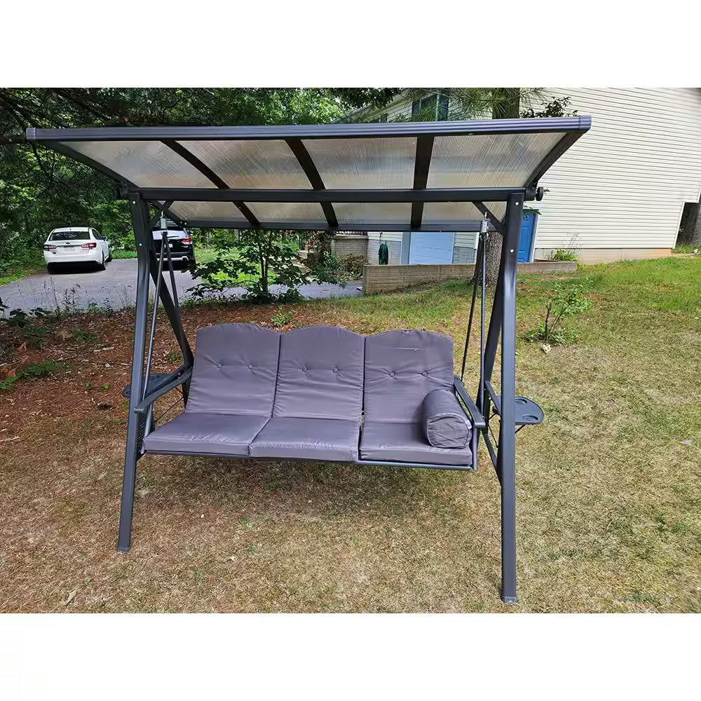 Patio 3-Seat Adjustable PVC Canopy Porch Swing with Side Cup Holder, Cushions and Pillow Included, Gray